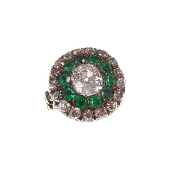 Antique cushion diamond and emerald target cluster ring